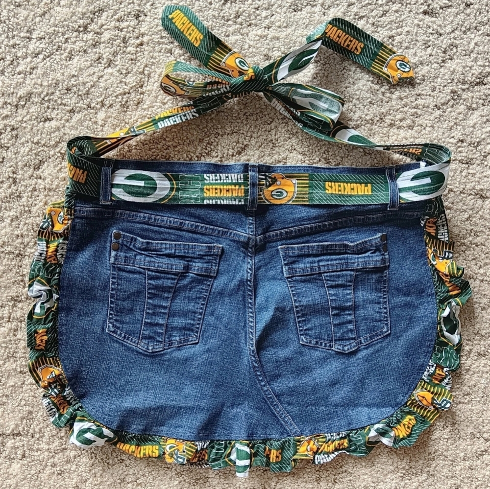 Greenbay Packers Upcycled Denim Ruffled Half Apron